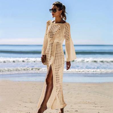 Sexy Crochet Beach Skirt Long Sleeve Split Skirt Vacation Dress Swimsuit Blouse Sun Protection Clothing Crochet hook