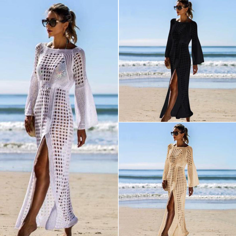 Sexy Crochet Beach Skirt Long Sleeve Split Skirt Vacation Dress Swimsuit Blouse Sun Protection Clothing Crochet hook