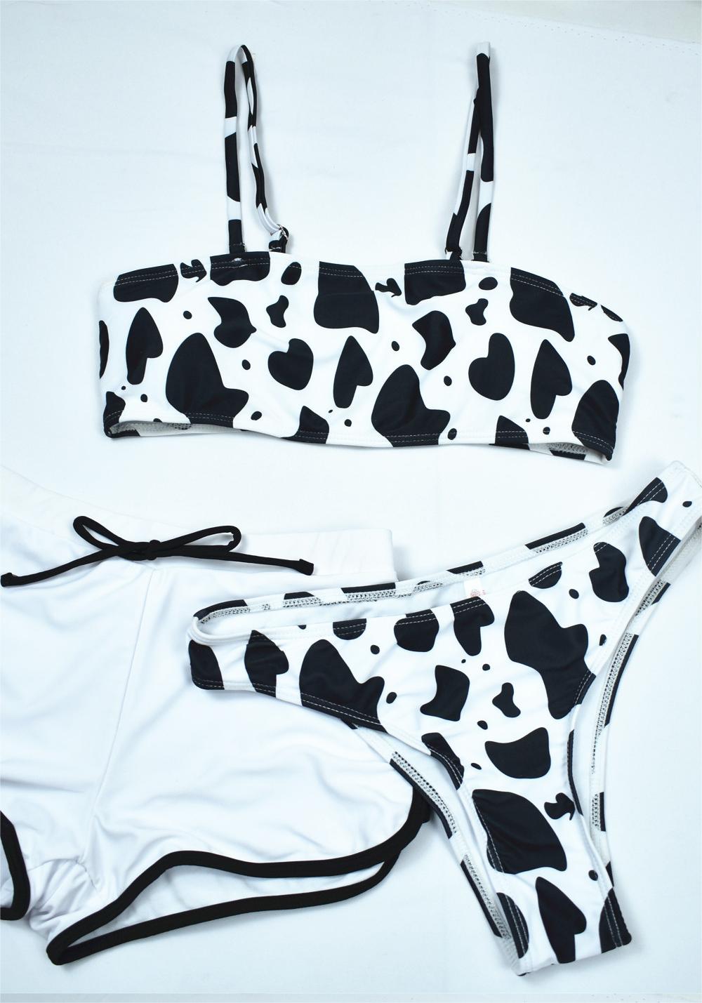 Three Piece Black White Cow Bikini Sexy Swimsuit Women Split