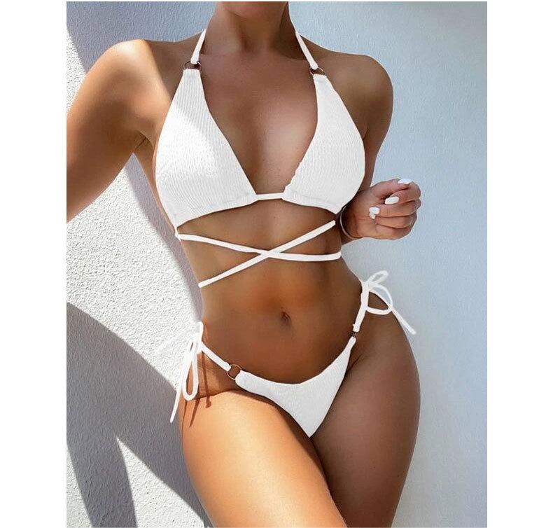 Sexy Solid Color Split Bikini Women Criss Cross Swimsuit