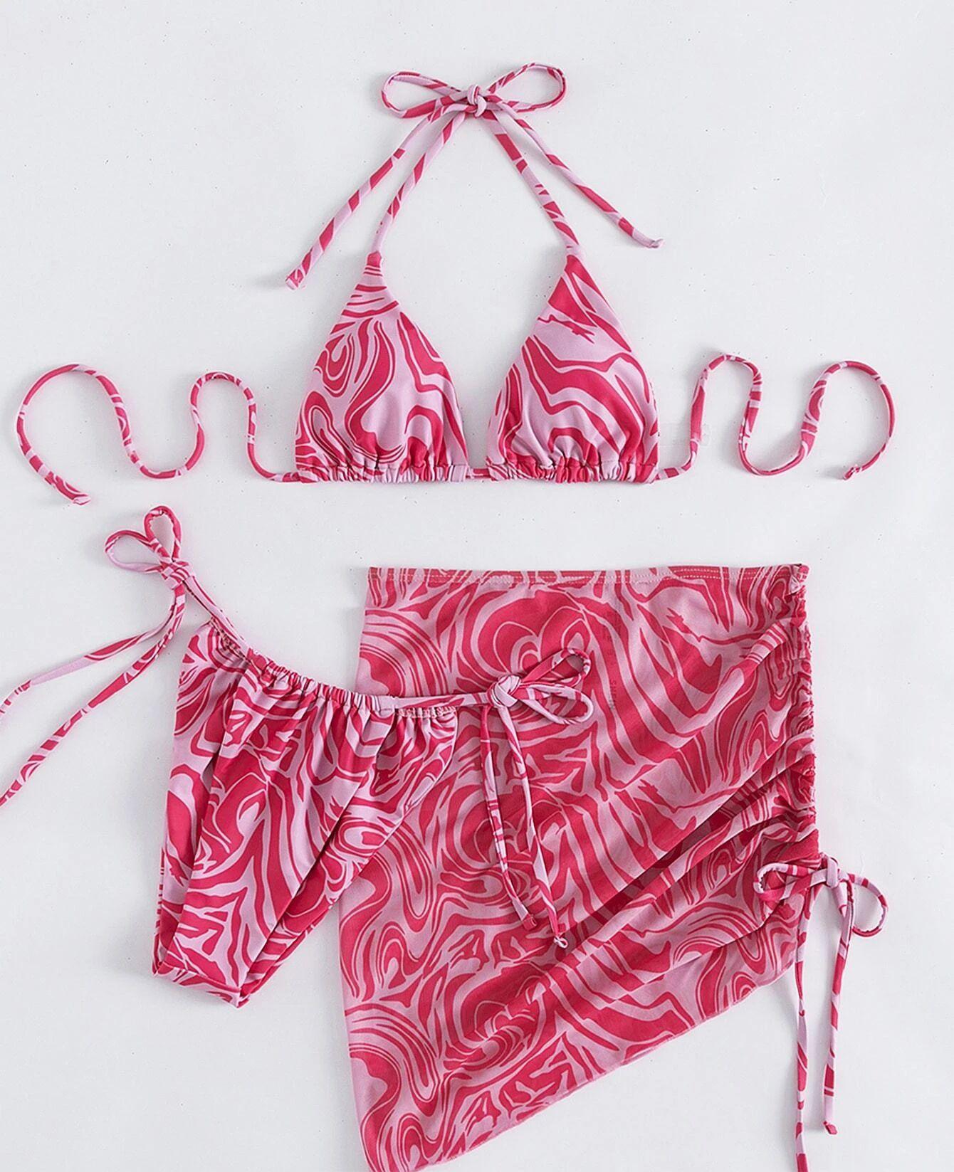 Swimwear Three Piece Summer Striped Printed Sexy Halter Bikini Short Swimsuit for Women