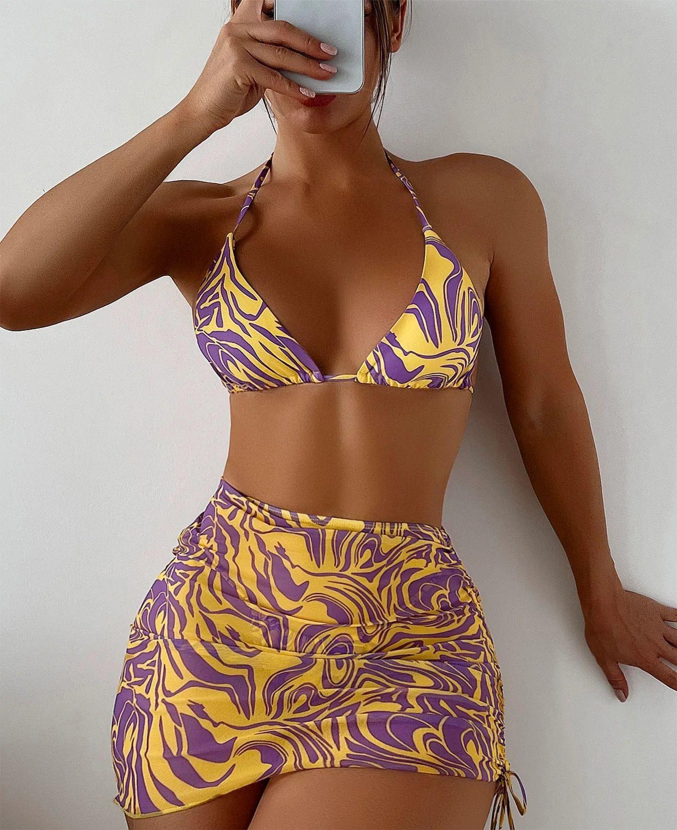 Swimwear Three Piece Summer Striped Printed Sexy Halter Bikini Short Swimsuit for Women