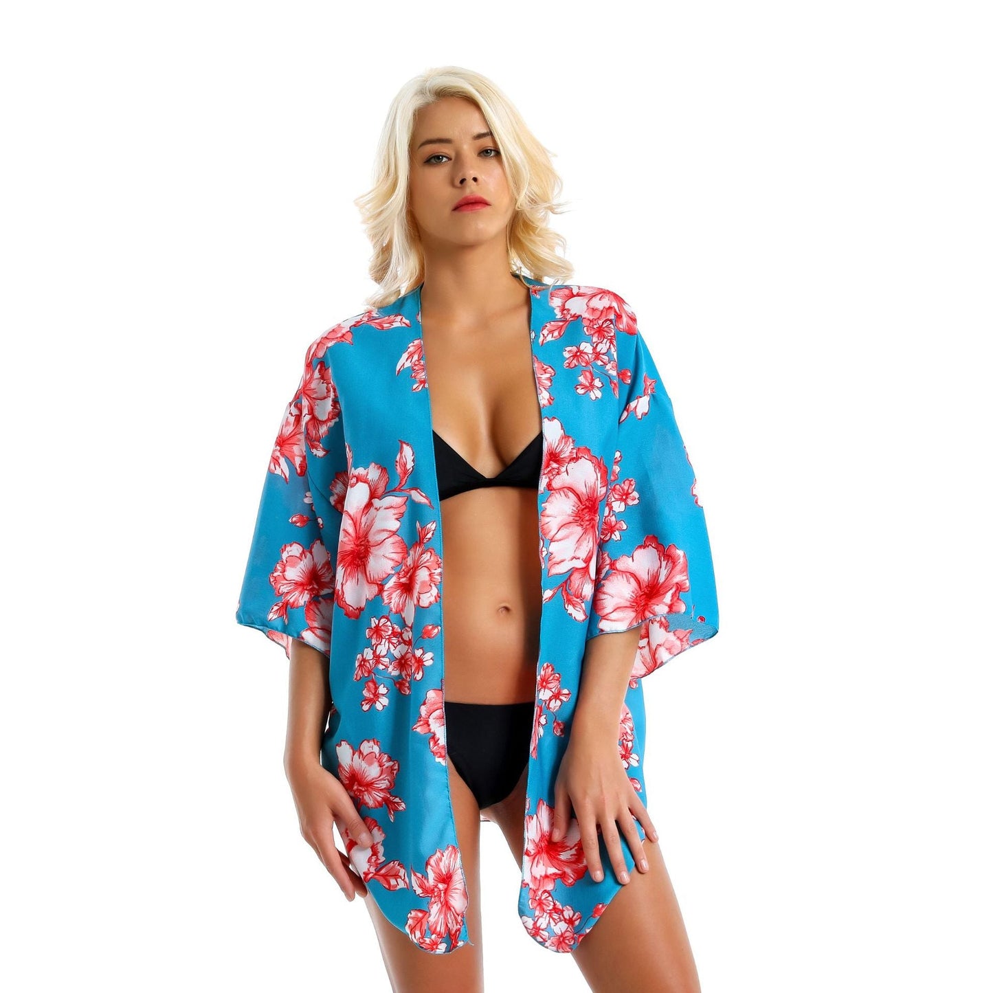 Exclusive for Chiffon Red Printed Short Beach Sun Protection Blouse Swimwear Cover up