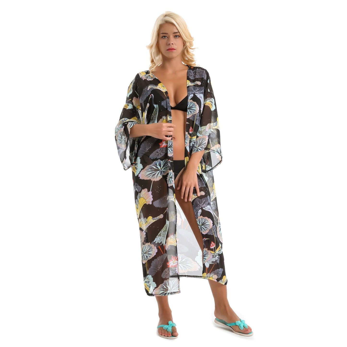 Spring, Summer, Autumn Classical Elegant Floral Lotus Leaf Travel Sun Protective Blouse Swimwear Cover up