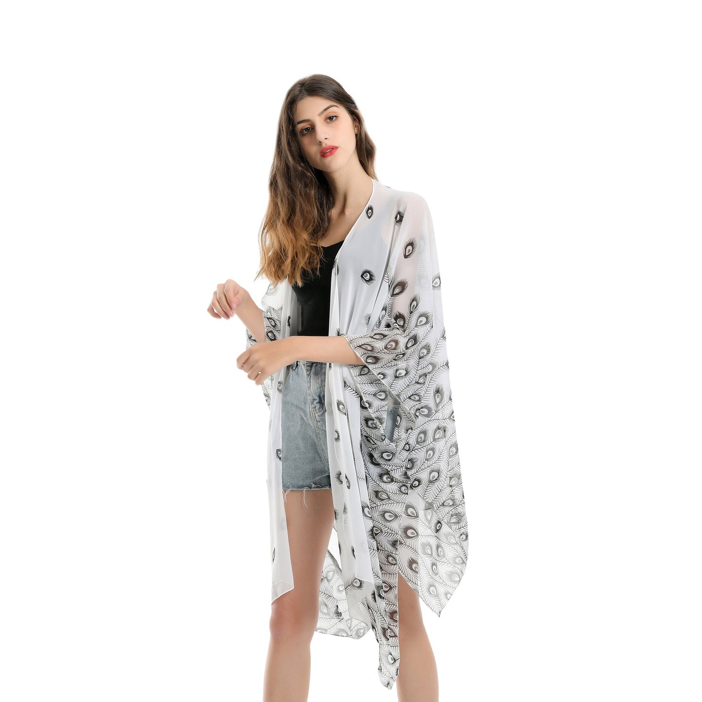 Feather Pattern Beach Cover Up Sun Protection Cardigan Beach Vacation Swimsuit Coat