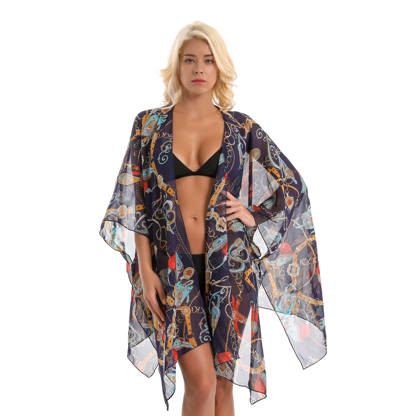 Summer Trendy Geometric Abstract Printed Chiffon Swimsuit Blouse Sunscreen Light Bikini Cardigan