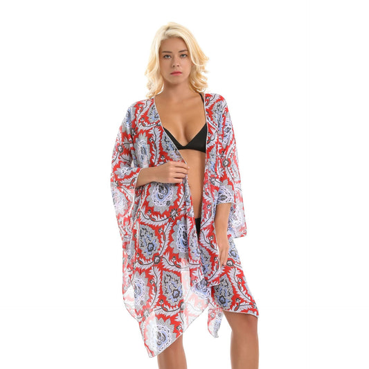 Platform Ethnic Rattan Floral Print Chiffon Sun Protection Cardigan Swimsuit Blouse
