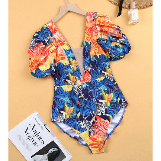 Puff Short Sleeve One Piece Swimsuit Women Printed Mesh Stitching Swimsuit
