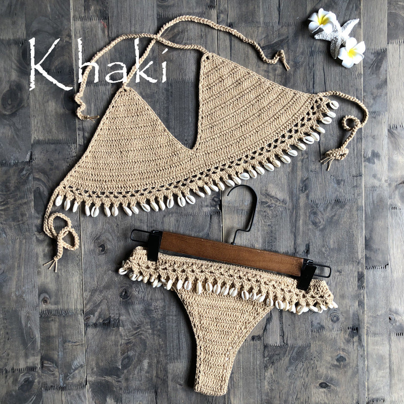 Beach Ins Hand Crocheting Cotton Woven Sexy Bikini Shell Split Swimsuit