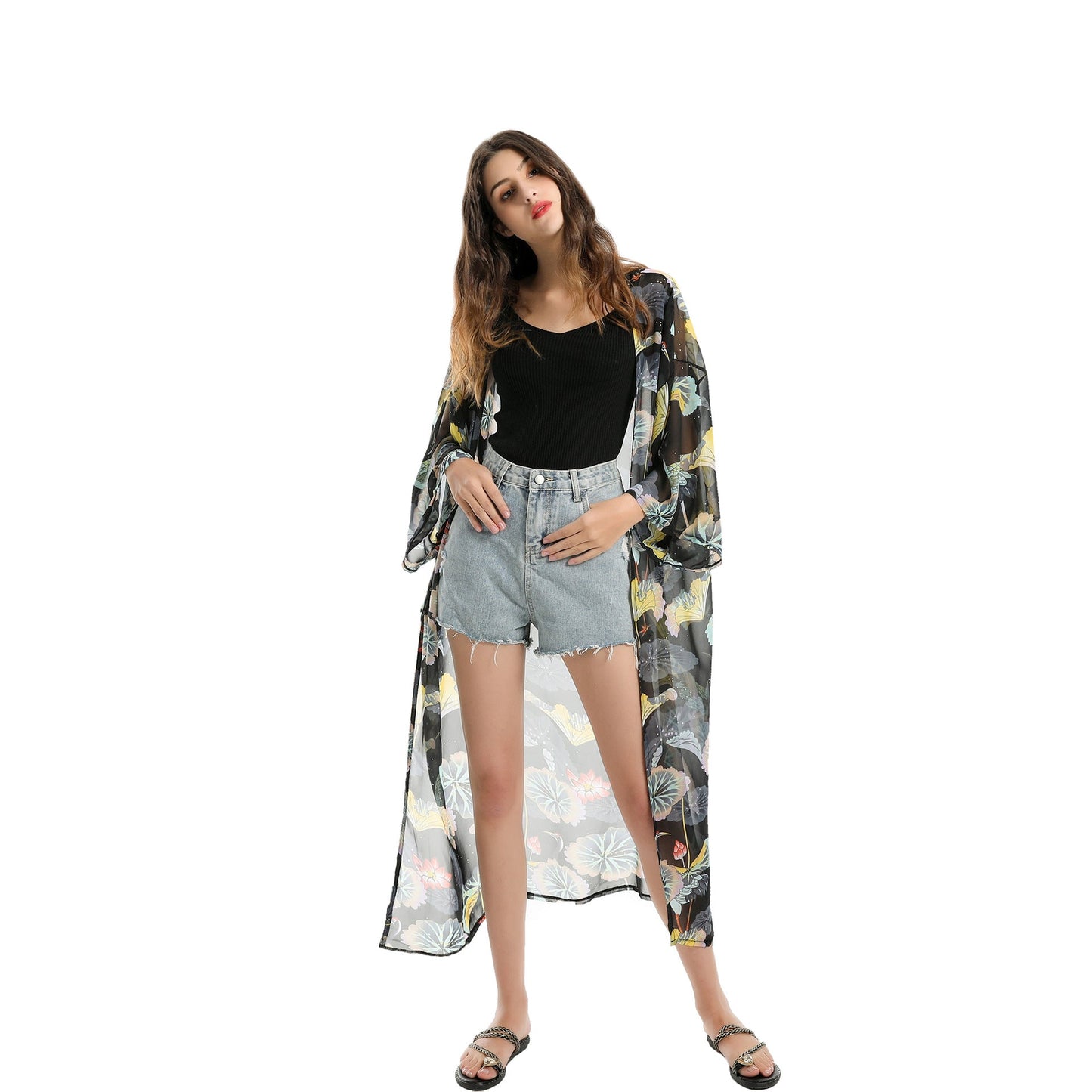 Spring, Summer, Autumn Classical Elegant Floral Lotus Leaf Travel Sun Protective Blouse Swimwear Cover up