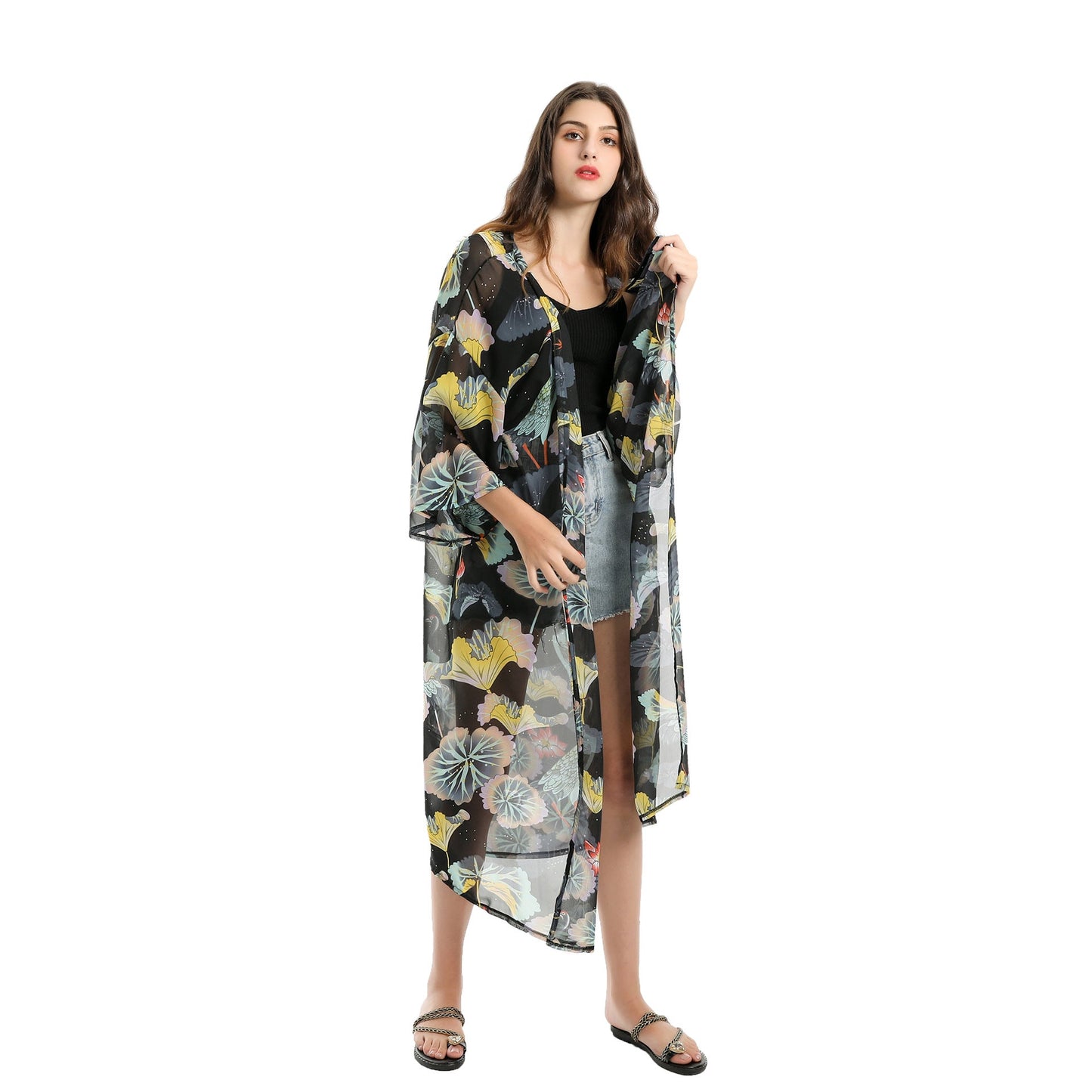 Spring, Summer, Autumn Classical Elegant Floral Lotus Leaf Travel Sun Protective Blouse Swimwear Cover up