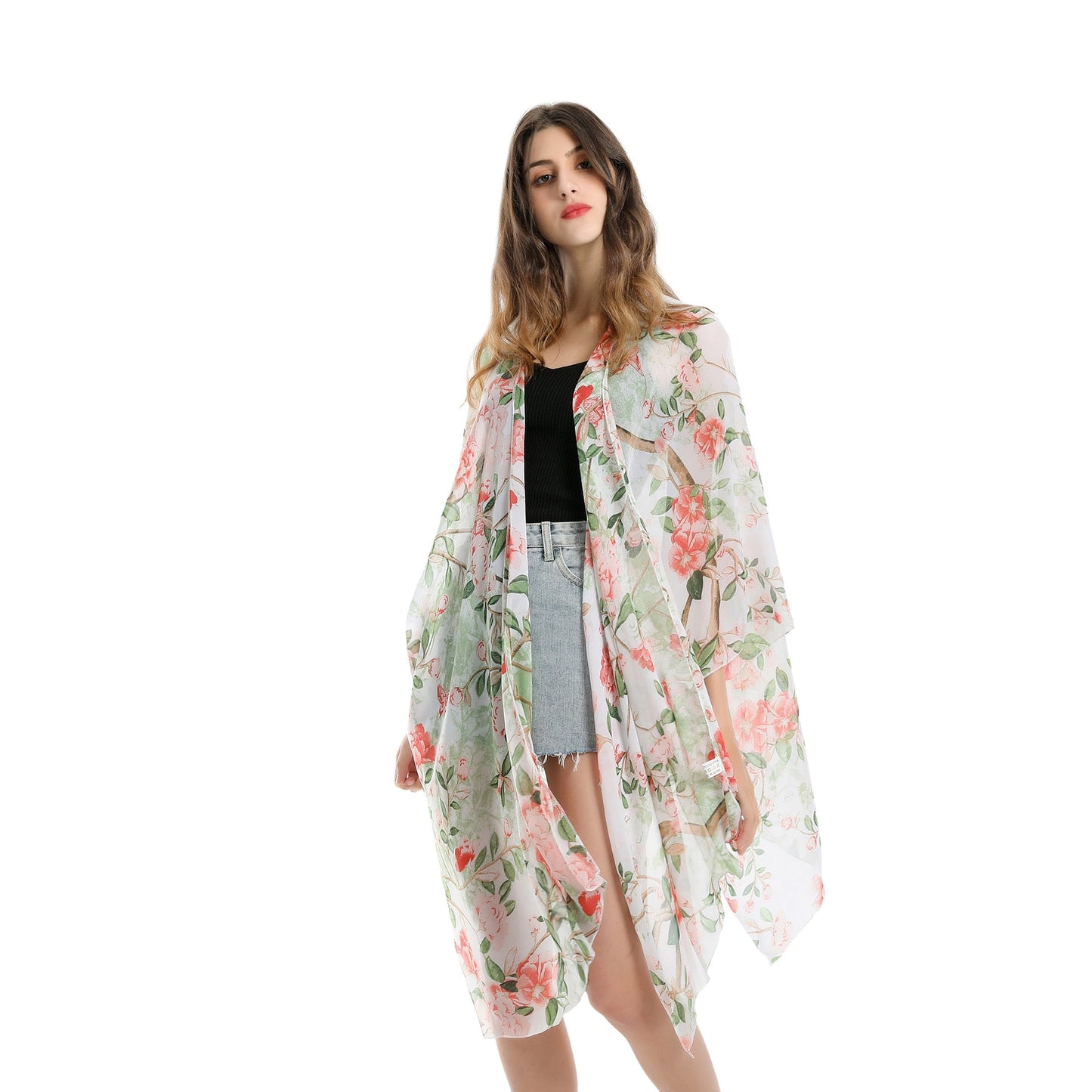 Pastoral Floral Cluster Green Leaf Vacation Travel Chiffon Beach Cover Up Coat
