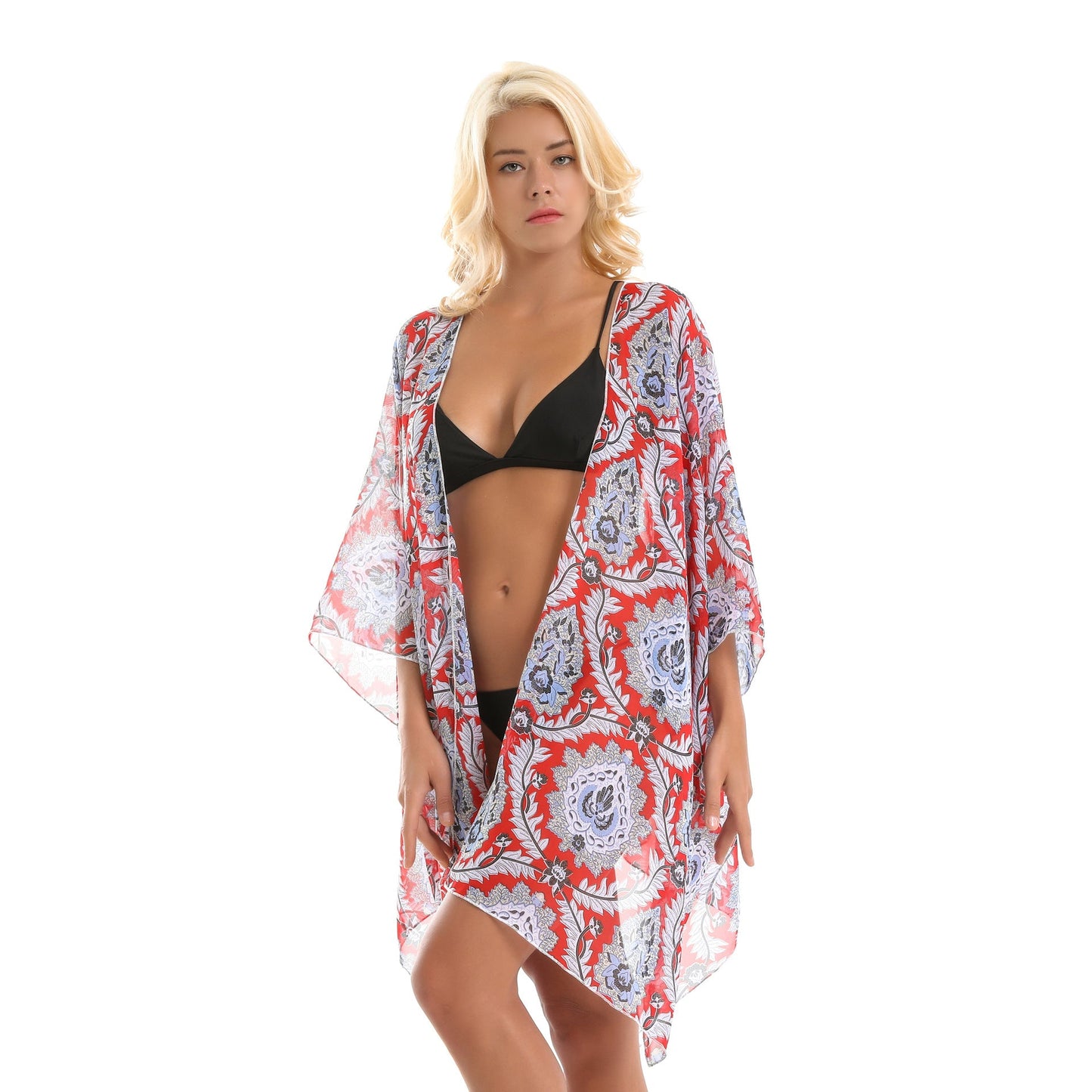 Platform Ethnic Rattan Floral Print Chiffon Sun Protection Cardigan Swimsuit Blouse