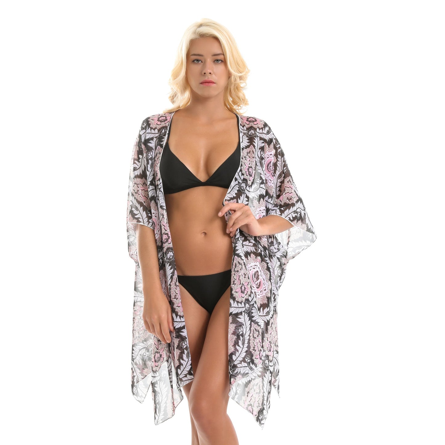 Platform Ethnic Rattan Floral Print Chiffon Sun Protection Cardigan Swimsuit Blouse