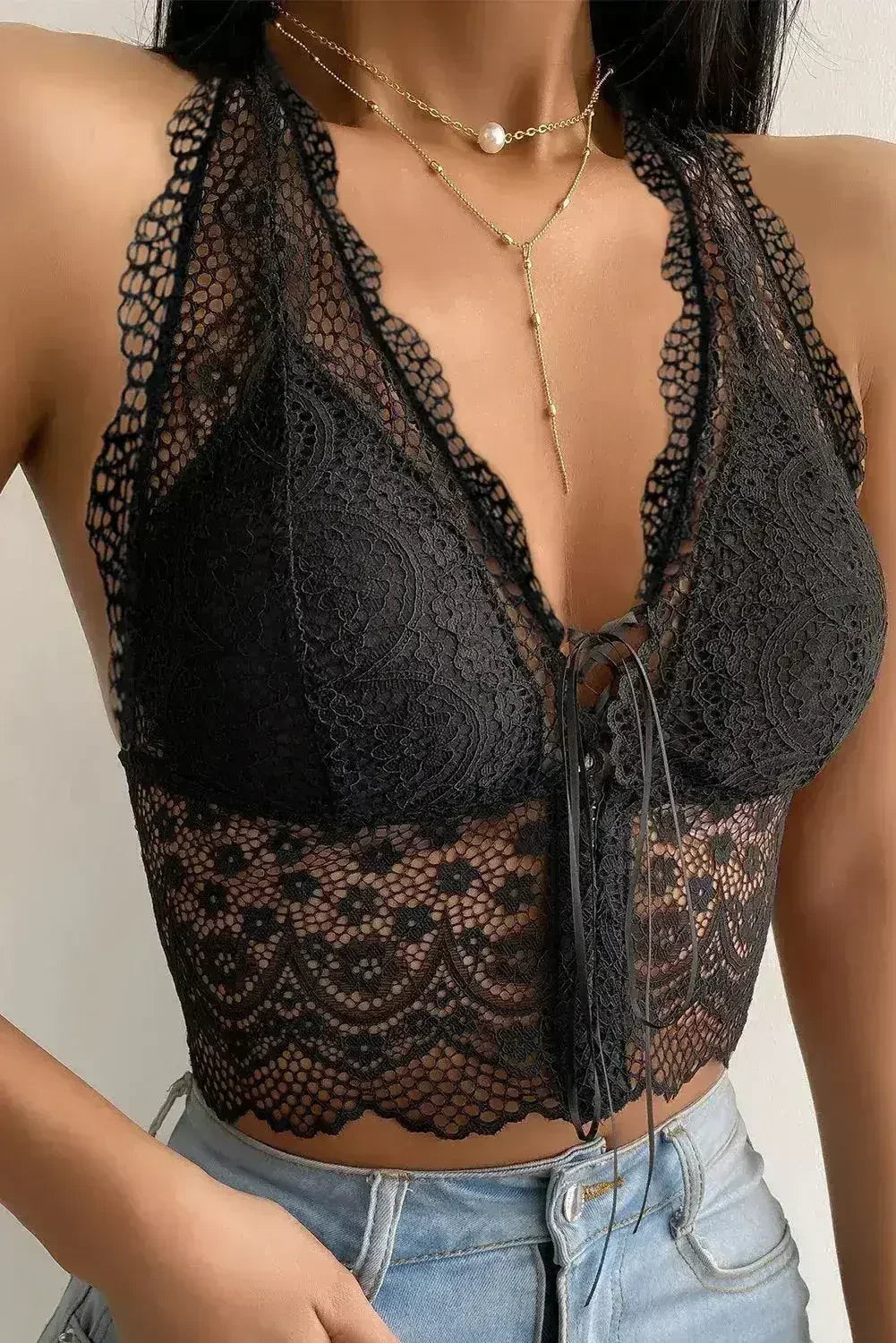 Black Lace Bralette Crop Top - Scallop Trim & Backless Design