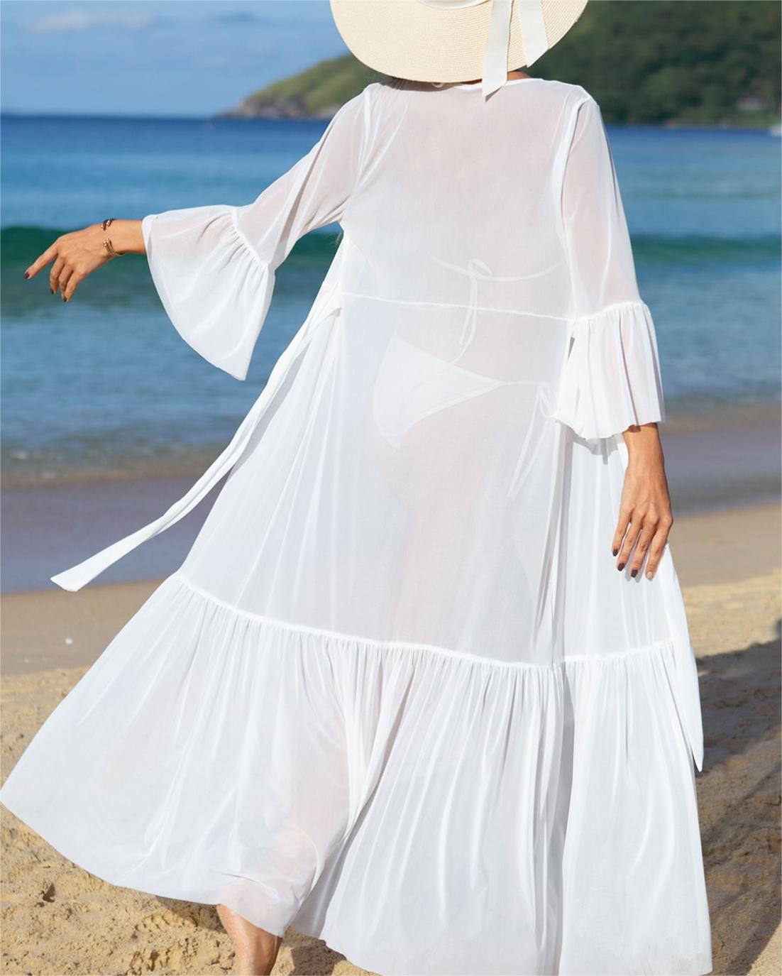 Beach Cover up Seaside Vacation Swimsuit Chiffon Bikini Elegant Sun Protection Long Sleeve Dress Women