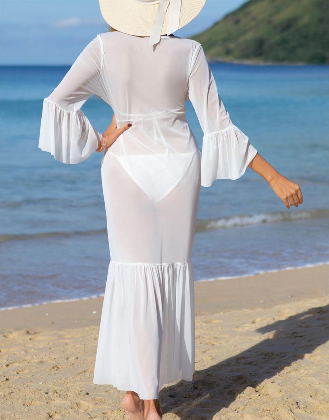 Beach Cover up Seaside Vacation Swimsuit Chiffon Bikini Elegant Sun Protection Long Sleeve Dress Women
