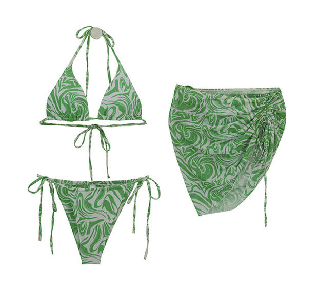 Ladies Split Printed Mesh Three Piece Swimsuit Sexy Spring Beach Swimsuit