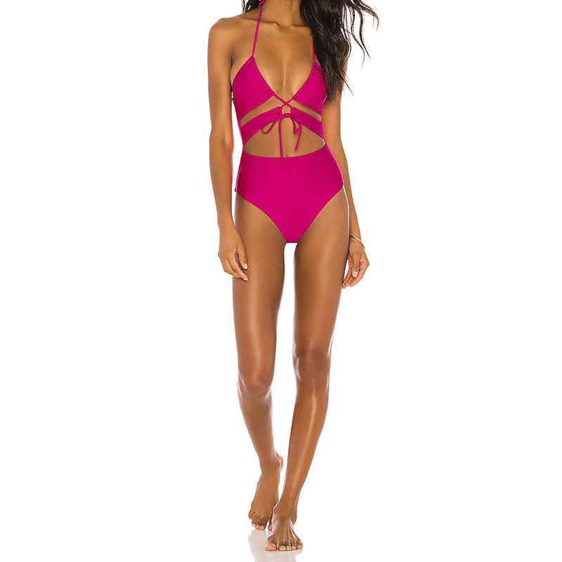 Solid Color One Piece Swimsuit Outer Single Women Swimsuit Solid Color Cutout Rope One Piece Bikini