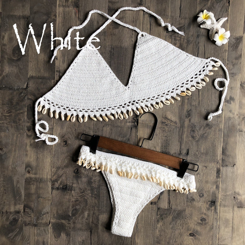 Beach Ins Hand Crocheting Cotton Woven Sexy Bikini Shell Split Swimsuit