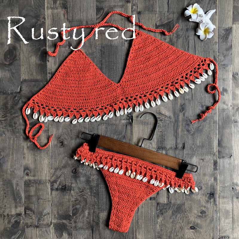 Beach Ins Hand Crocheting Cotton Woven Sexy Bikini Shell Split Swimsuit