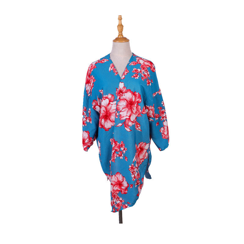 Exclusive for Chiffon Red Printed Short Beach Sun Protection Blouse Swimwear Cover up