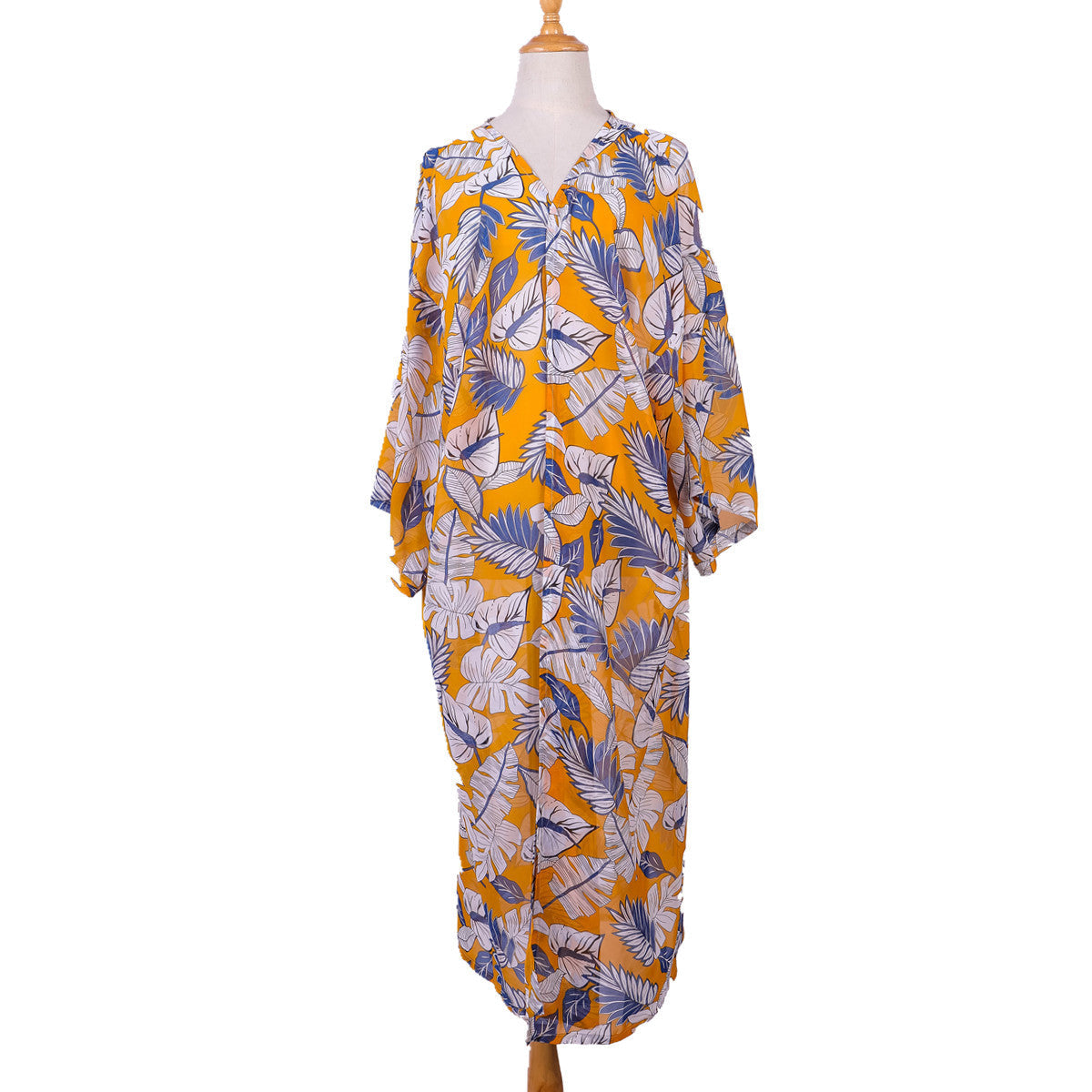 Spring, Summer Autumn Tropical Japanese Banana Leaf Palm Leaf Chiffon Lightweight Swimwear Cover up Sun Protective Blouse