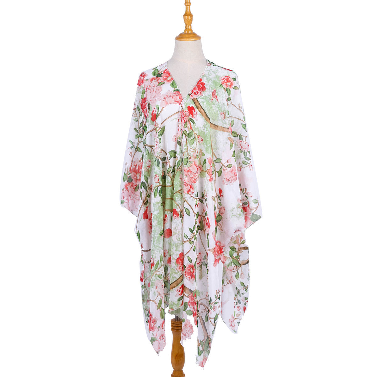 Pastoral Floral Cluster Green Leaf Vacation Travel Chiffon Beach Cover Up Coat