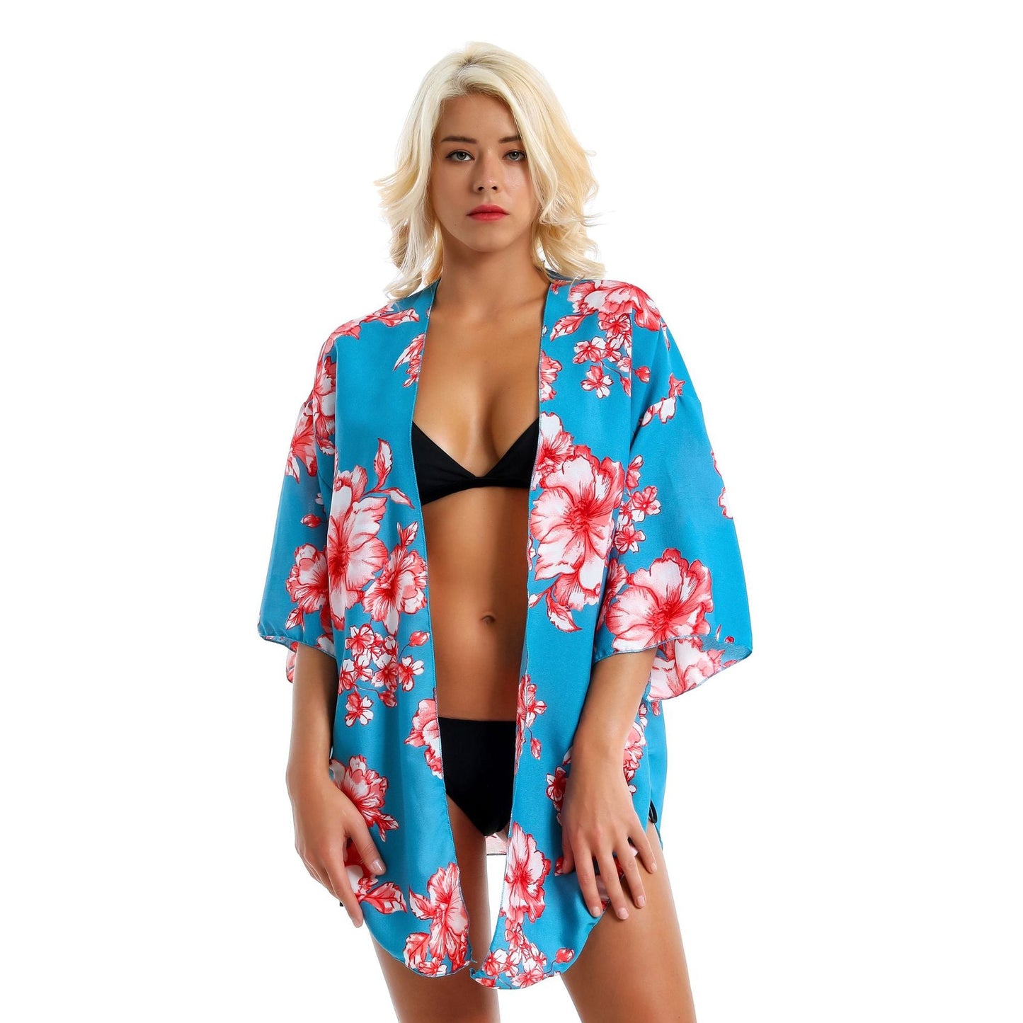 Exclusive for Chiffon Red Printed Short Beach Sun Protection Blouse Swimwear Cover up
