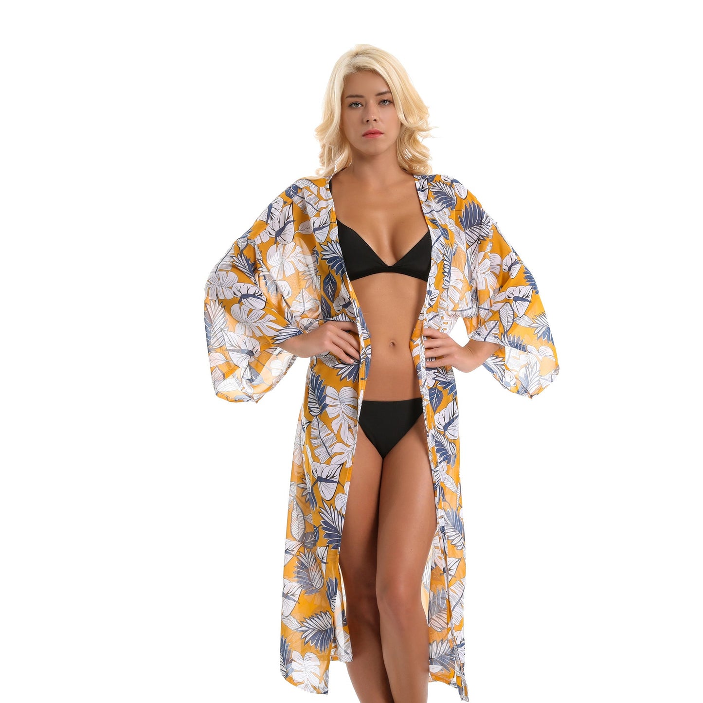 Spring, Summer Autumn Tropical Japanese Banana Leaf Palm Leaf Chiffon Lightweight Swimwear Cover up Sun Protective Blouse