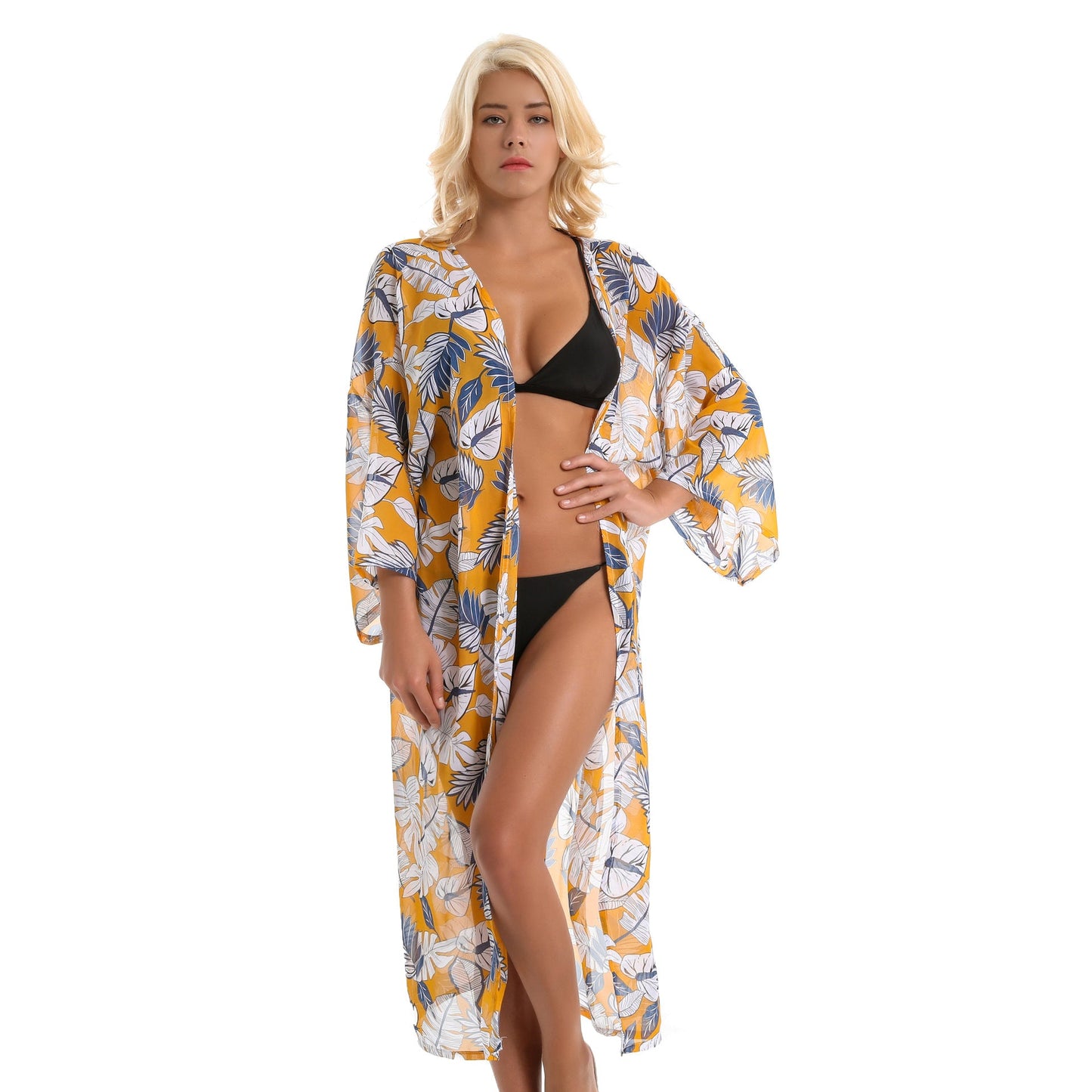 Spring, Summer Autumn Tropical Japanese Banana Leaf Palm Leaf Chiffon Lightweight Swimwear Cover up Sun Protective Blouse