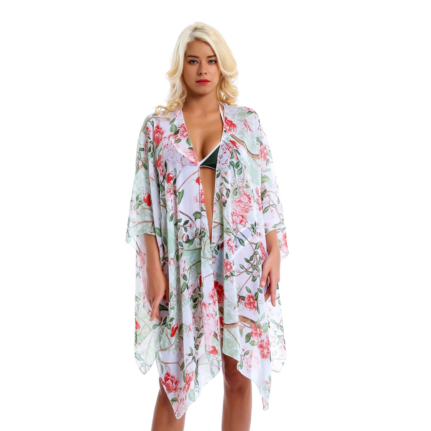 Pastoral Floral Cluster Green Leaf Vacation Travel Chiffon Beach Cover Up Coat