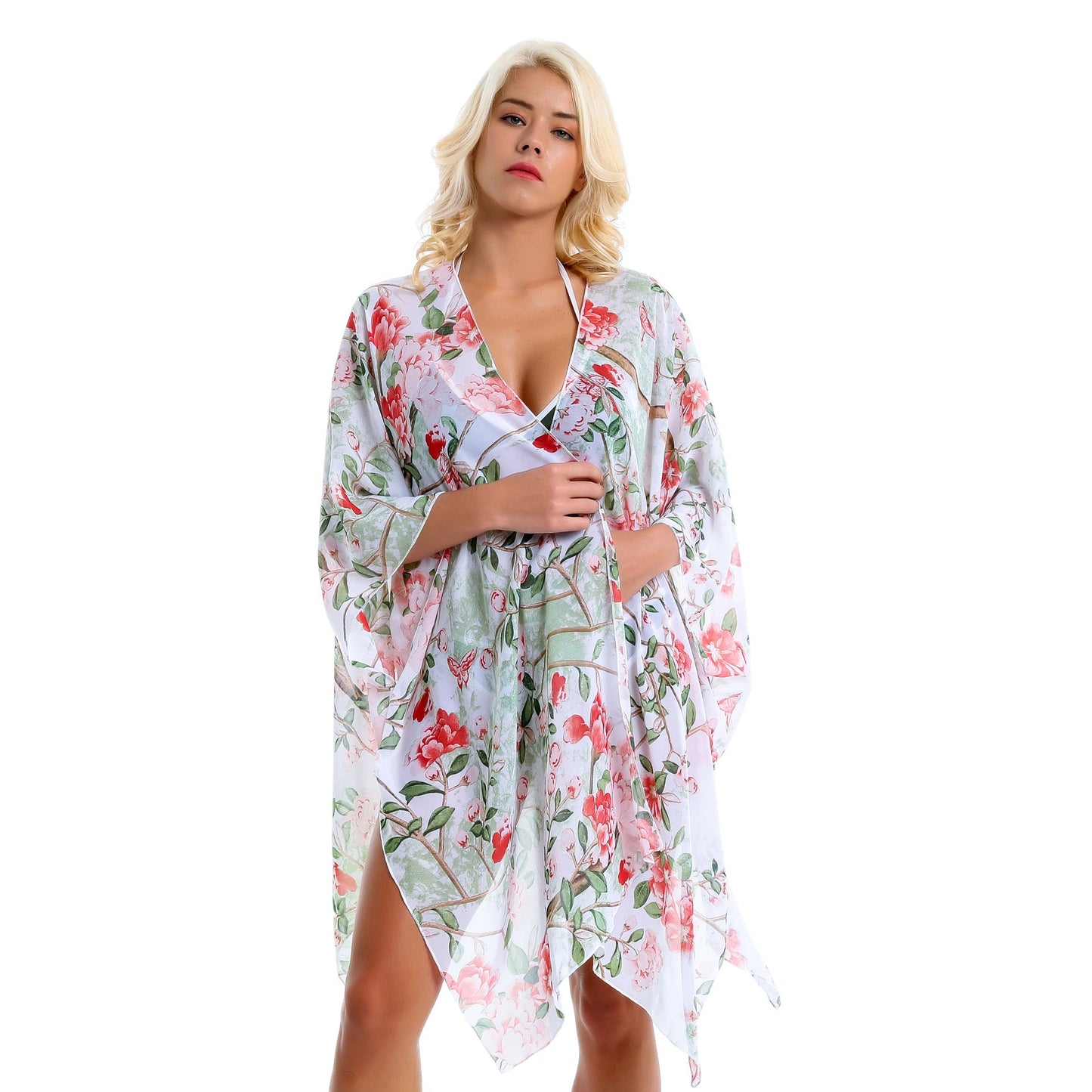 Pastoral Floral Cluster Green Leaf Vacation Travel Chiffon Beach Cover Up Coat