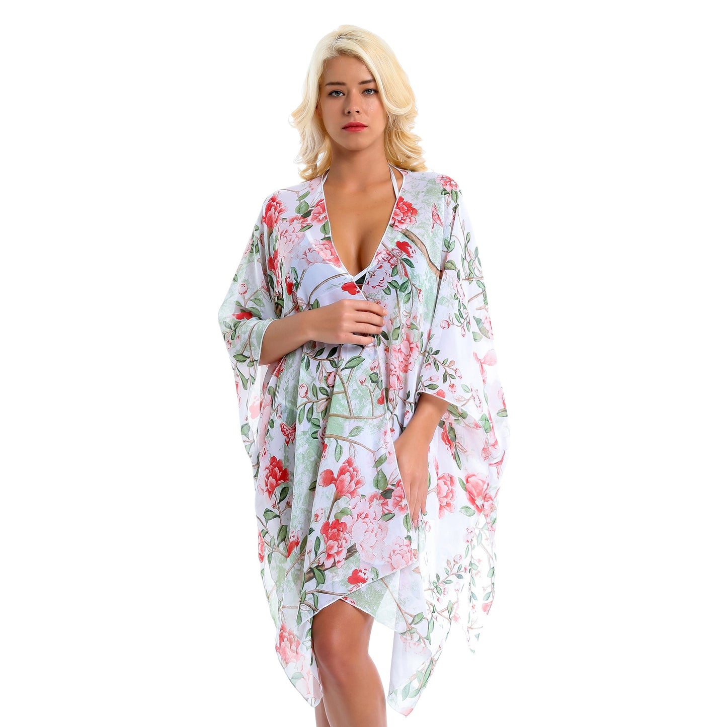 Pastoral Floral Cluster Green Leaf Vacation Travel Chiffon Beach Cover Up Coat