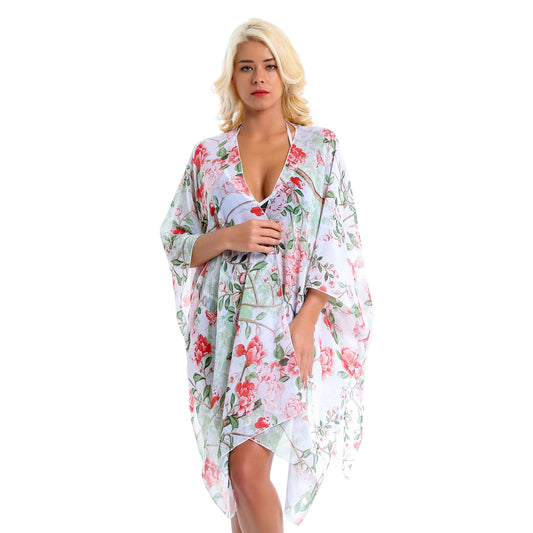 Pastoral Floral Cluster Green Leaf Vacation Travel Chiffon Beach Cover Up Coat