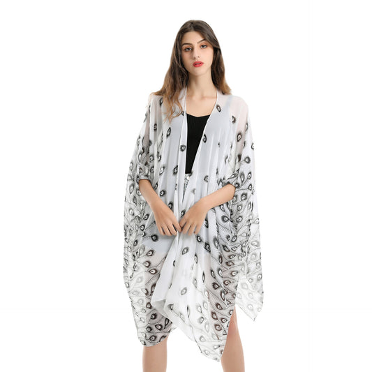 Feather Pattern Beach Cover Up Sun Protection Cardigan Beach Vacation Swimsuit Coat