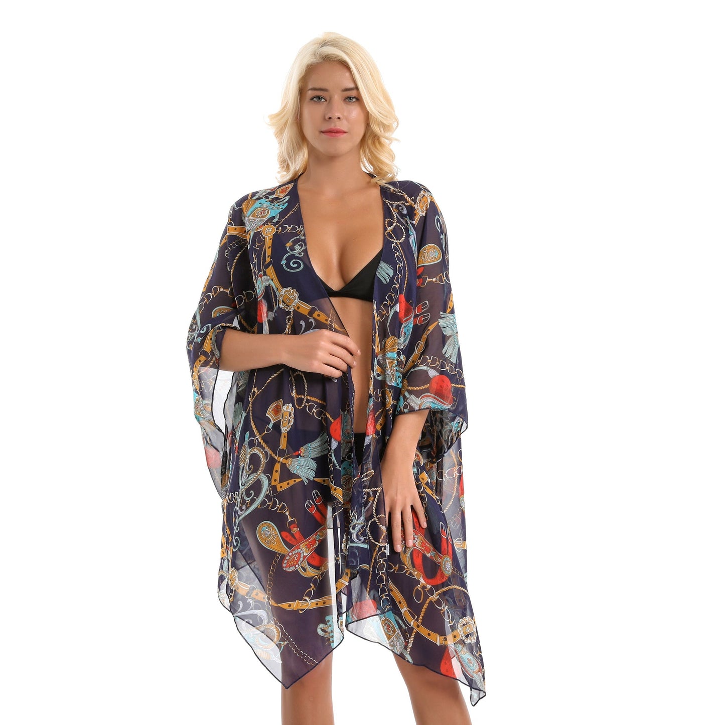 Summer Trendy Geometric Abstract Printed Chiffon Swimsuit Blouse Sunscreen Light Bikini Cardigan