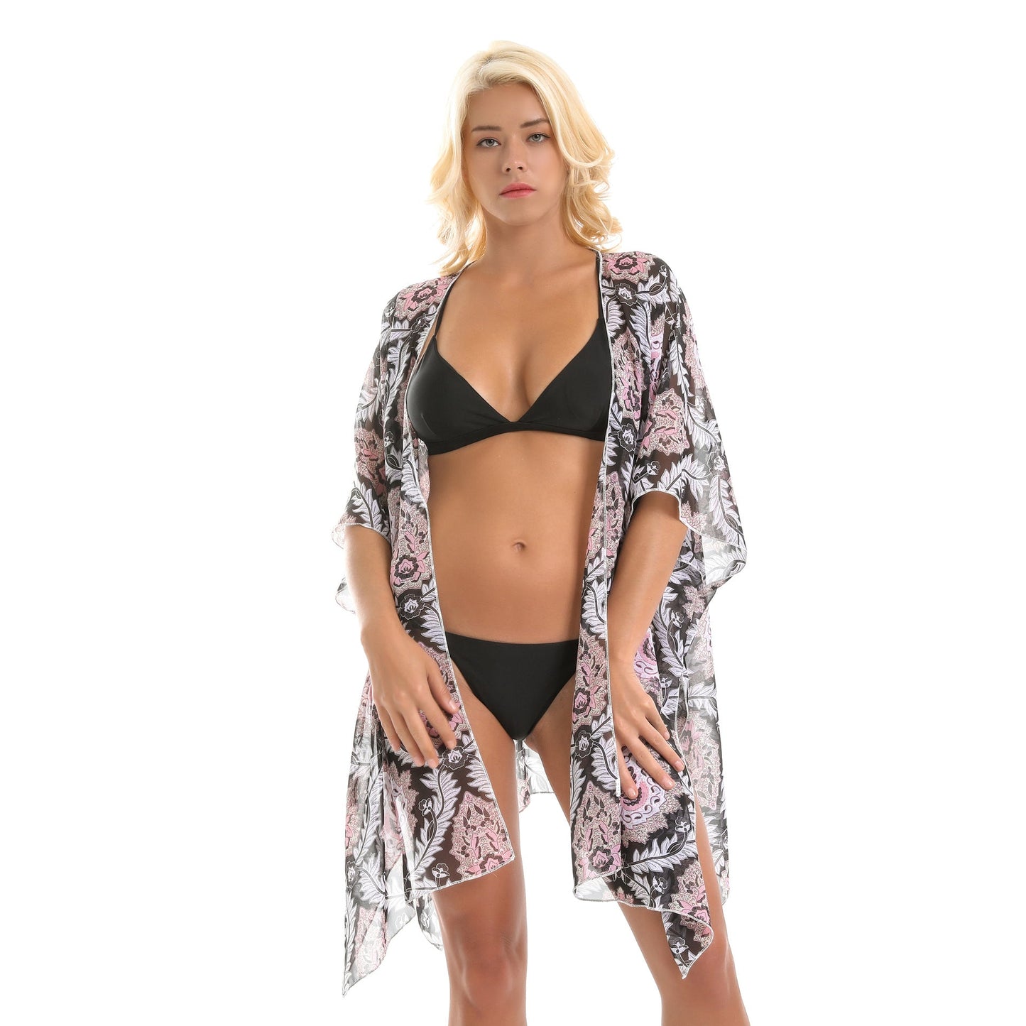 Platform Ethnic Rattan Floral Print Chiffon Sun Protection Cardigan Swimsuit Blouse