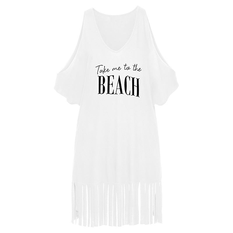 Cotton Tassel off-Shoulder Printing Loose Beach Bikini Swimsuit Blouse Coat Sun Protection Cover
