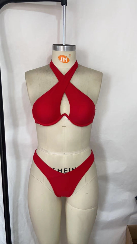 Solid Color Split Swimsuit Foreign Single Women Swimsuit Cross Gathering Steel Bracket Sexy Split Swimsuit