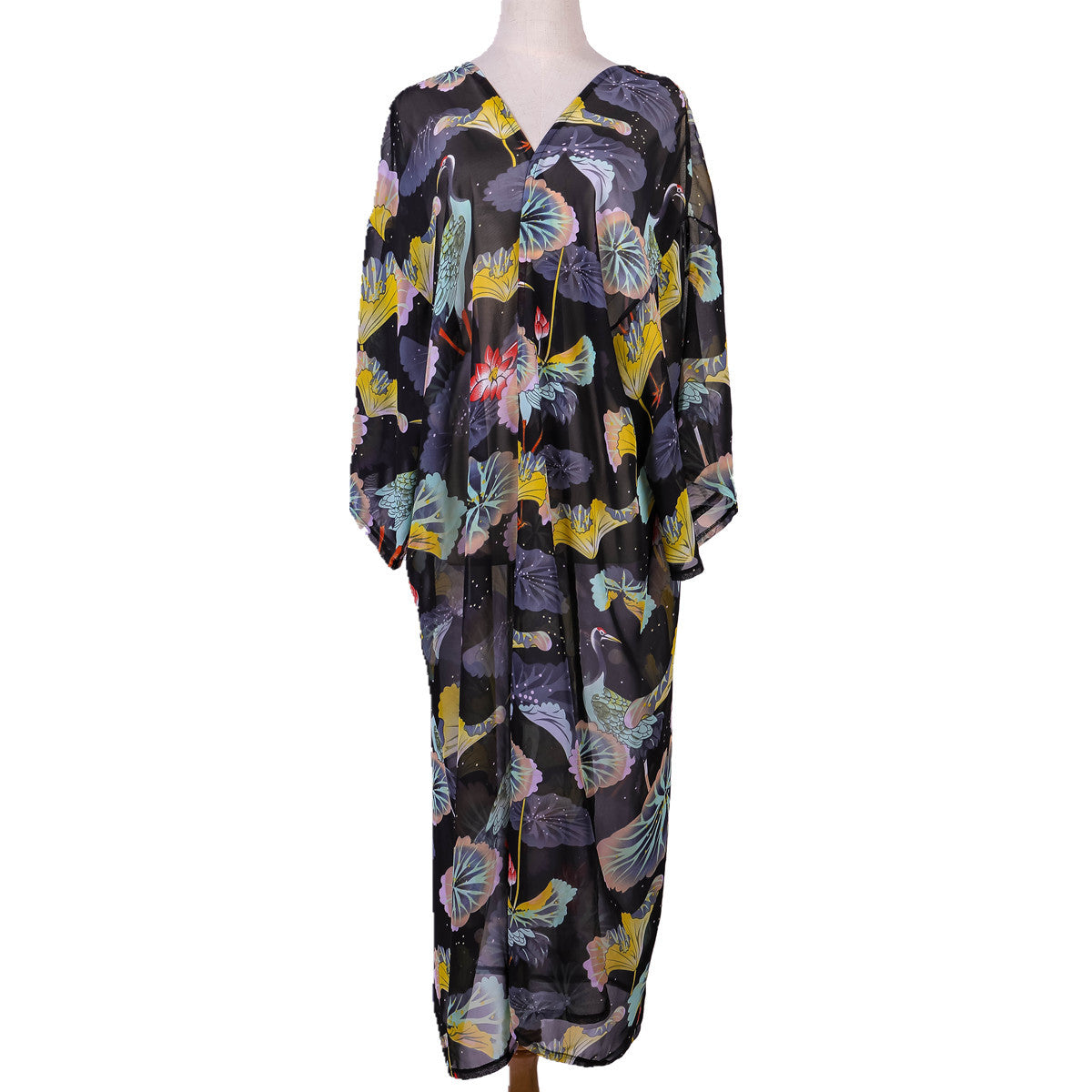 Spring, Summer, Autumn Classical Elegant Floral Lotus Leaf Travel Sun Protective Blouse Swimwear Cover up