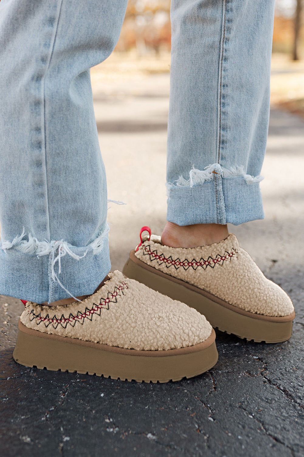 Oatmeal Suede Contrast Plush Slippers With Thick Sole