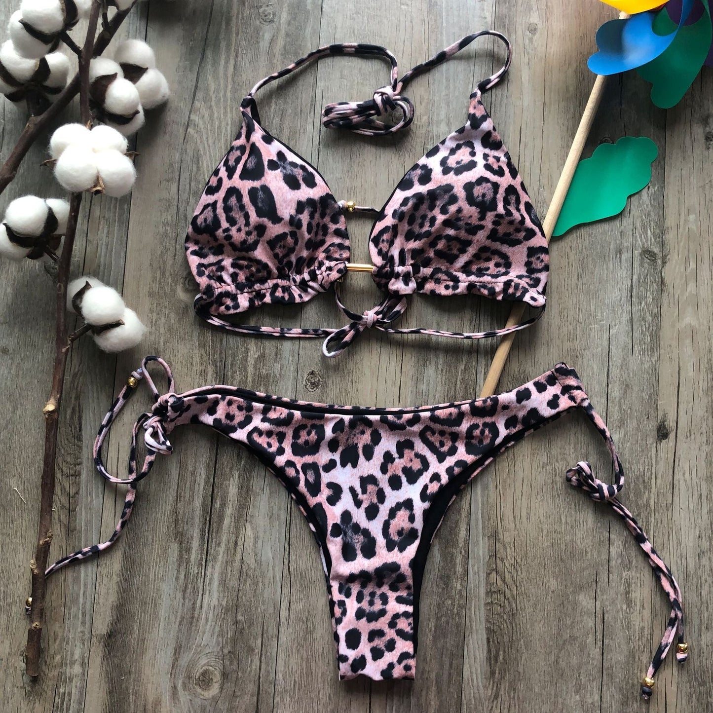 Leopard Print Bikini Solid Color Women Swimsuit Sexy Lace-up Swimwear Split Bikini