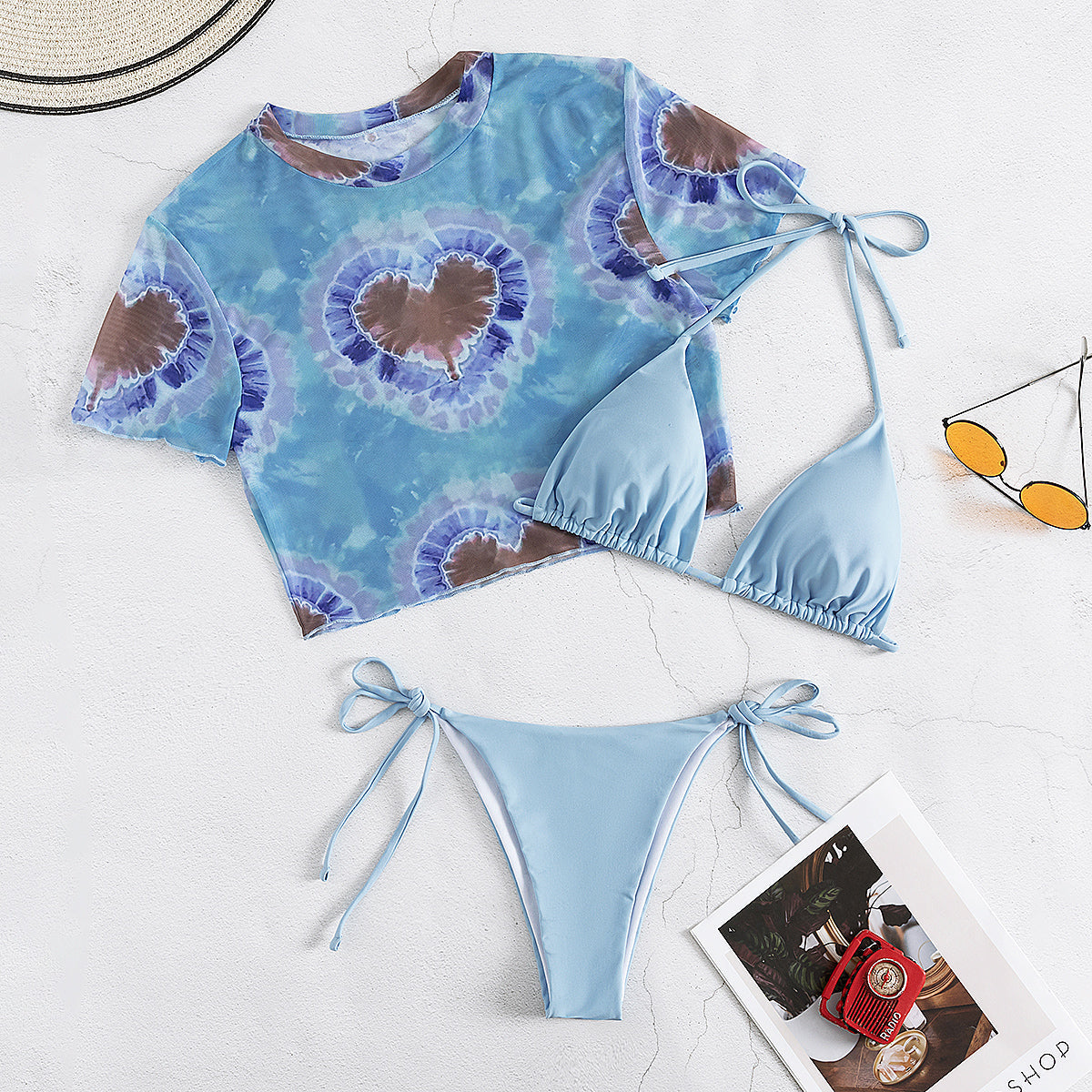 Bikini Three Piece Short Sleeve Sun Protective Blouse Bikini Swimsuit Split Swimsuit