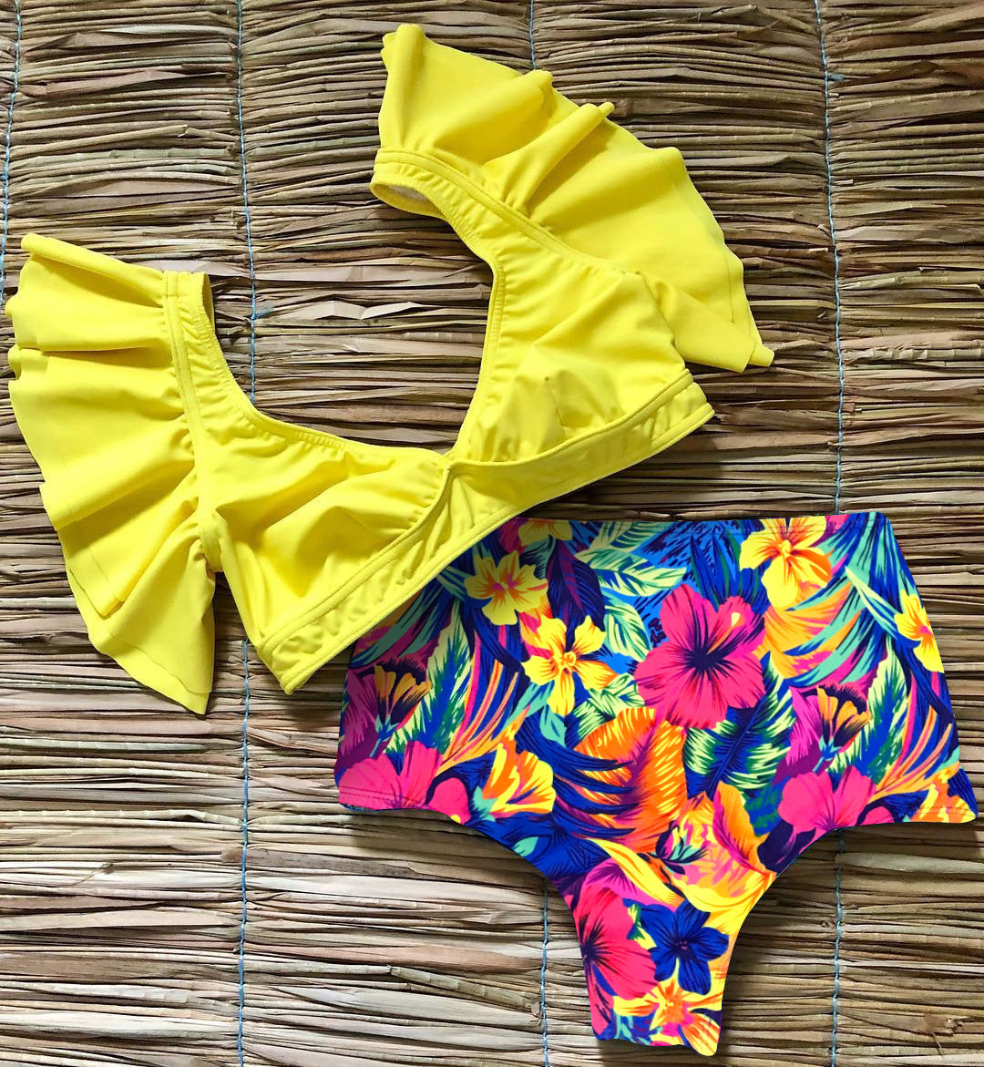 Floral Vintage High Waist Swimsuit Bikini Sexy Flounce Vest Deep V Plunge Plunge Swimsuit