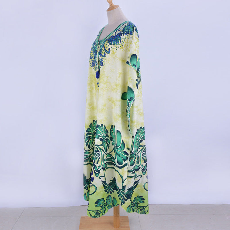 Rayon Positioning Printing Bikini Cover Up Robe Vacation Beach Dress Swimsuit Blouse Women