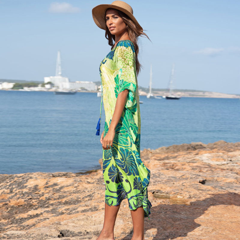 Rayon Positioning Printing Bikini Cover Up Robe Vacation Beach Dress Swimsuit Blouse Women