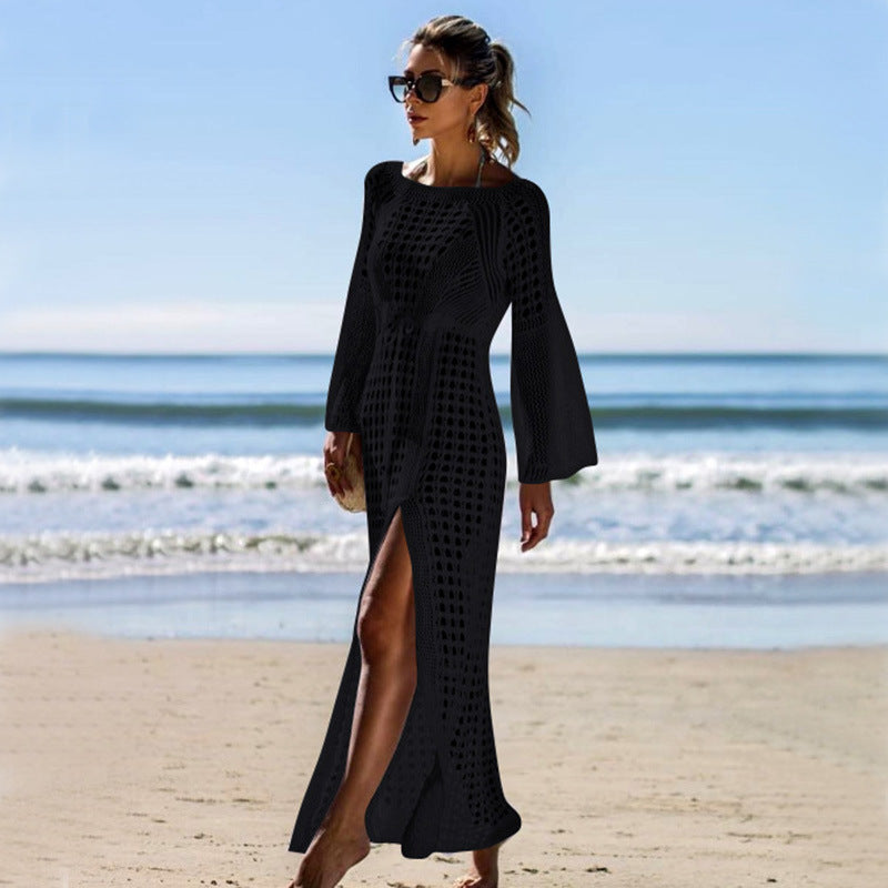 Sexy Cutout Knitted Beach Dress Long Sleeve Split Vacation Dress Swimsuit Blouse Sun Protection Clothing Crochet hook