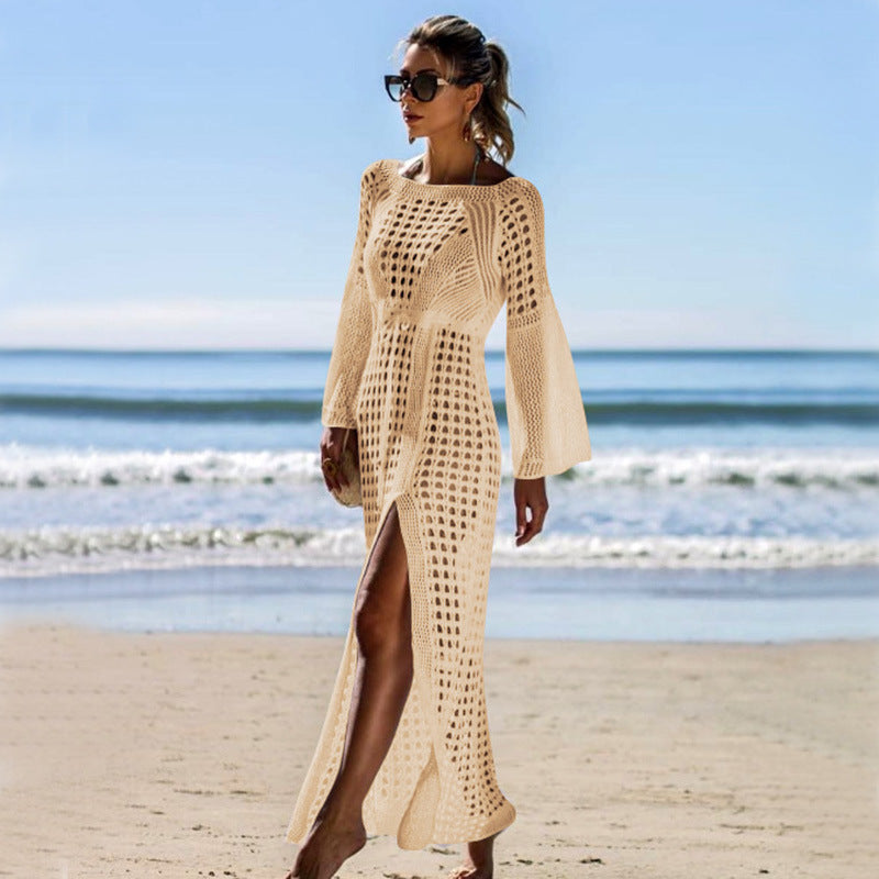 Sexy Cutout Knitted Beach Dress Long Sleeve Split Vacation Dress Swimsuit Blouse Sun Protection Clothing Crochet hook