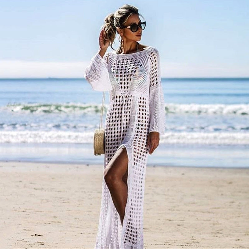 Sexy Cutout Knitted Beach Dress Long Sleeve Split Vacation Dress Swimsuit Blouse Sun Protection Clothing Crochet hook